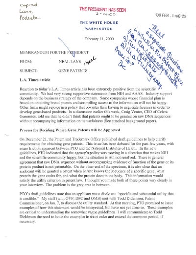 A memorandum from Neal Lane to President Bill Clinton with a written response from Clinton concerning gene patents. courtesy Neal Lane Papers, Woodson Research Center