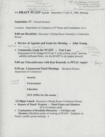 Draft PCAST meeting agenda dated September 17, 1998, annotated by President Clinton's science adviser, Neal Lane. Source: George H.W. Bush Presidential Library