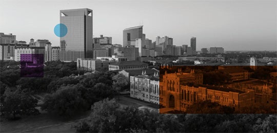 Rice campus against Medical Center skyline